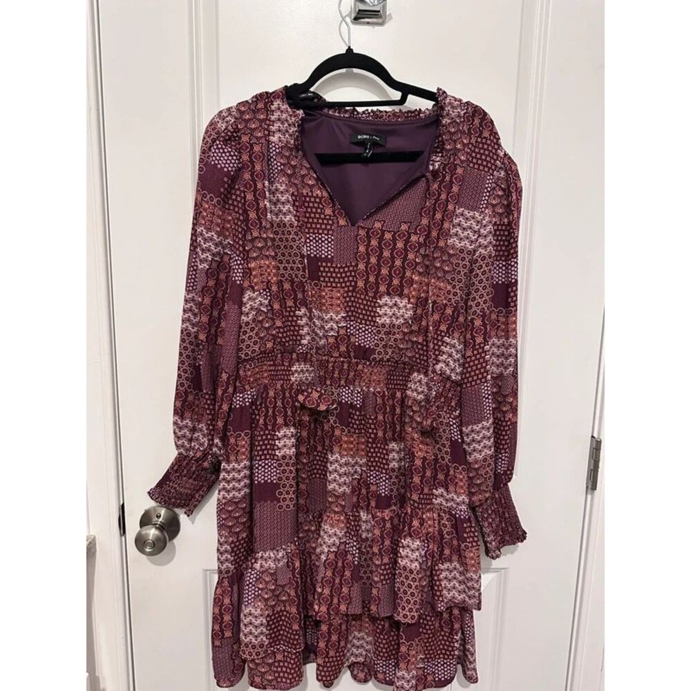 BCBG Paris Patchwork Long Sleeve Smocked Mini Dress Wine Burgundy Size XL